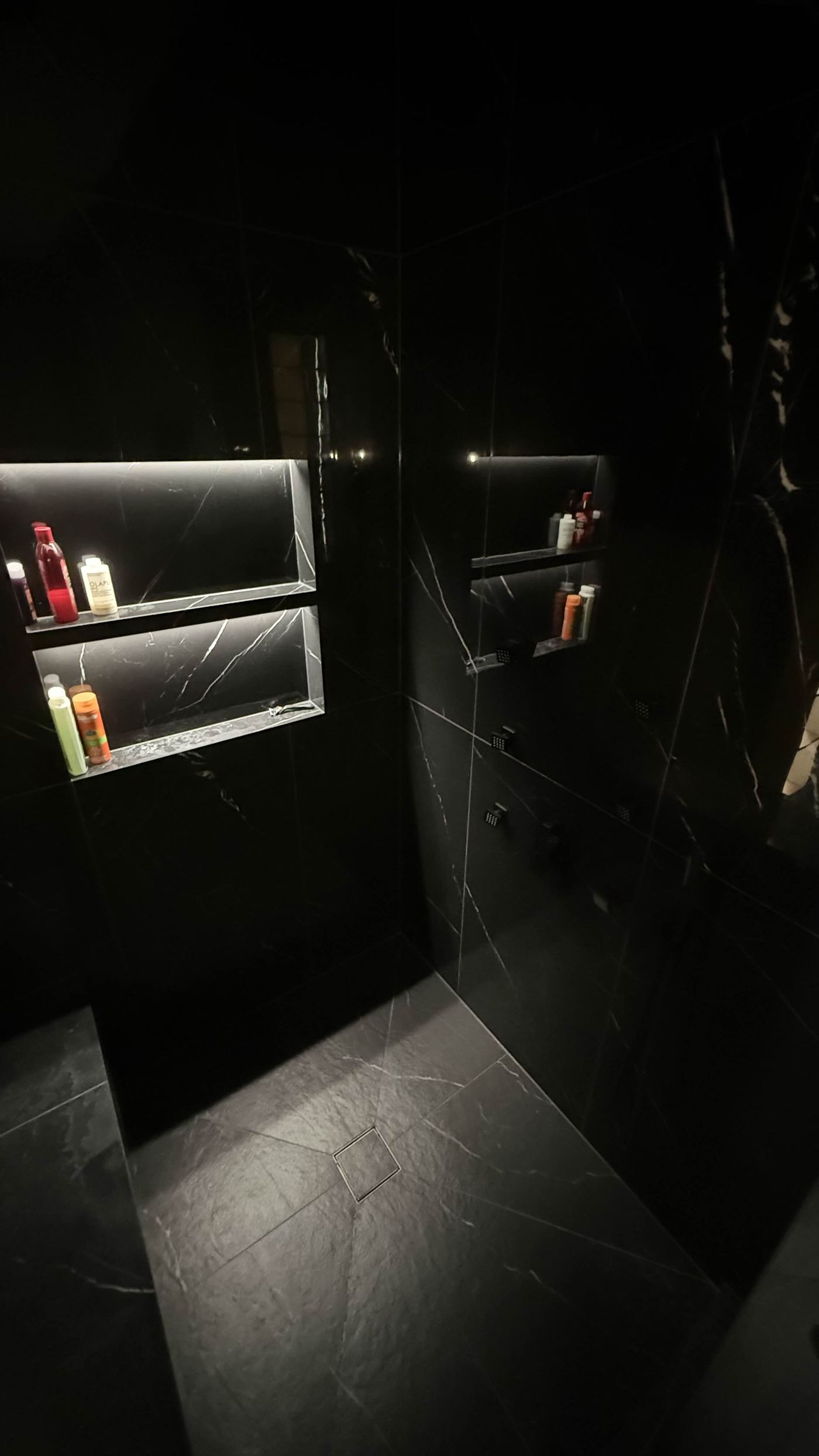 Bathroom renovation — all-black marble shower with lit niches