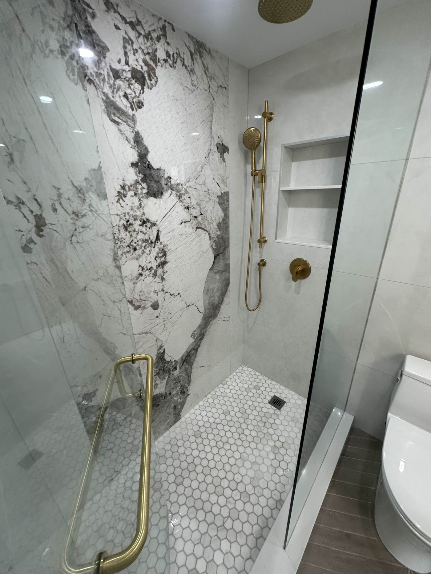 Bathroom renovation — dramatic marble shower, hex tile floor, glass enclosure